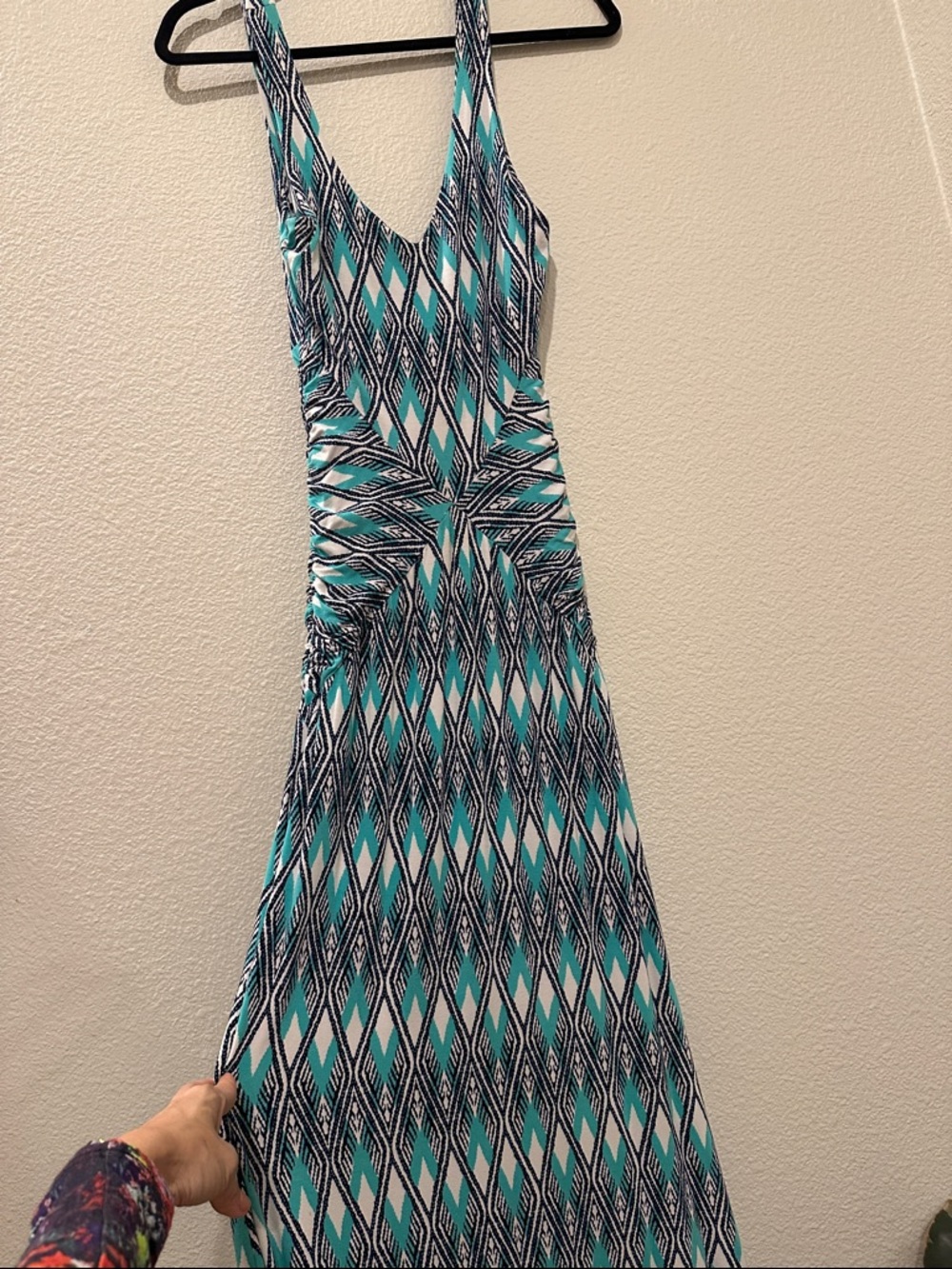 Tart Ruched Maxi Dress XS | Teal Geometric Print